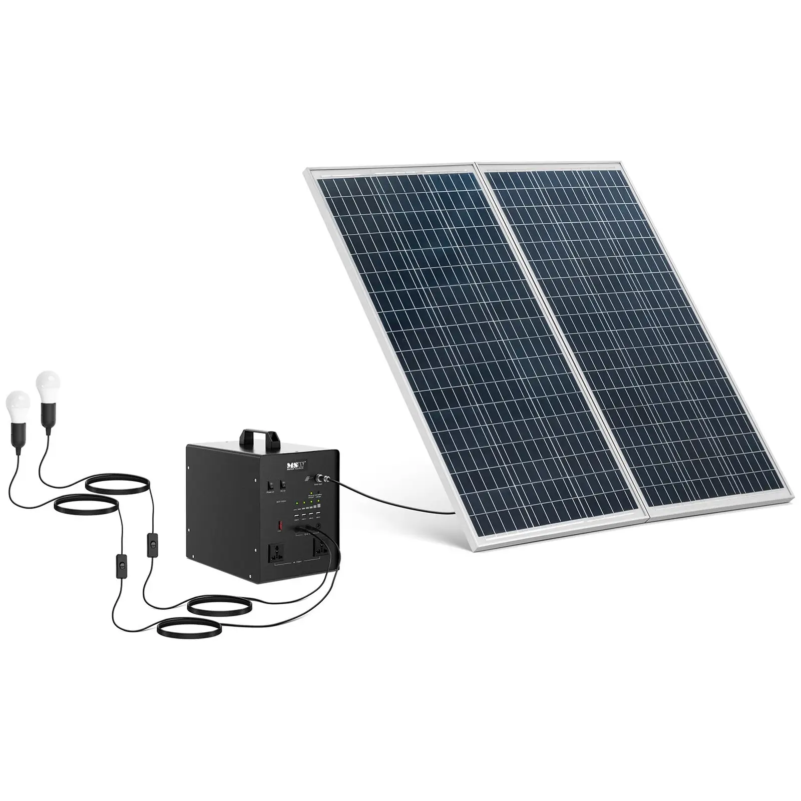 Powerstation mit Solarpanel und Wechselrichter - 1000 W - 5 / 12 /230 V - 2 LED-Leuchten