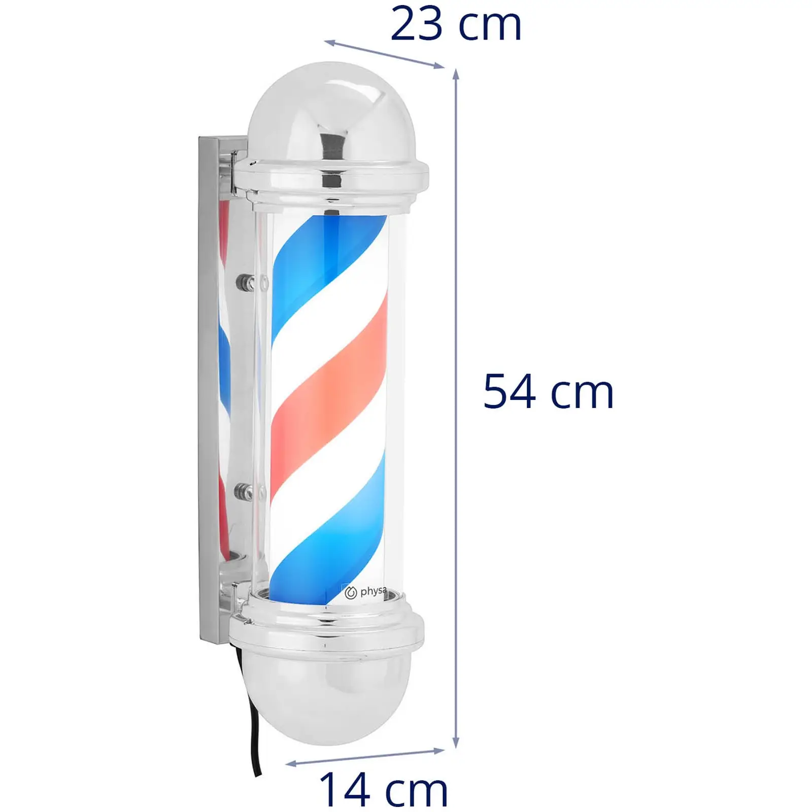 Barber Pole - rotierend und beleuchtet - 300 mm Höhe - 22 cm Wandabstand - silberne Fassung