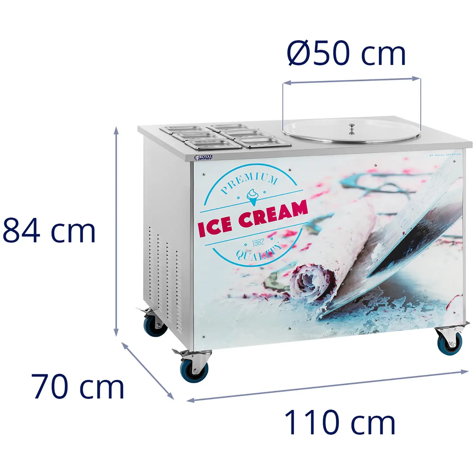 Roll-Eismaschine - für Thai Ice Cream Rolls - Ø 50 x 2,5 cm - 6 Behälter mit Deckel - Royal Catering