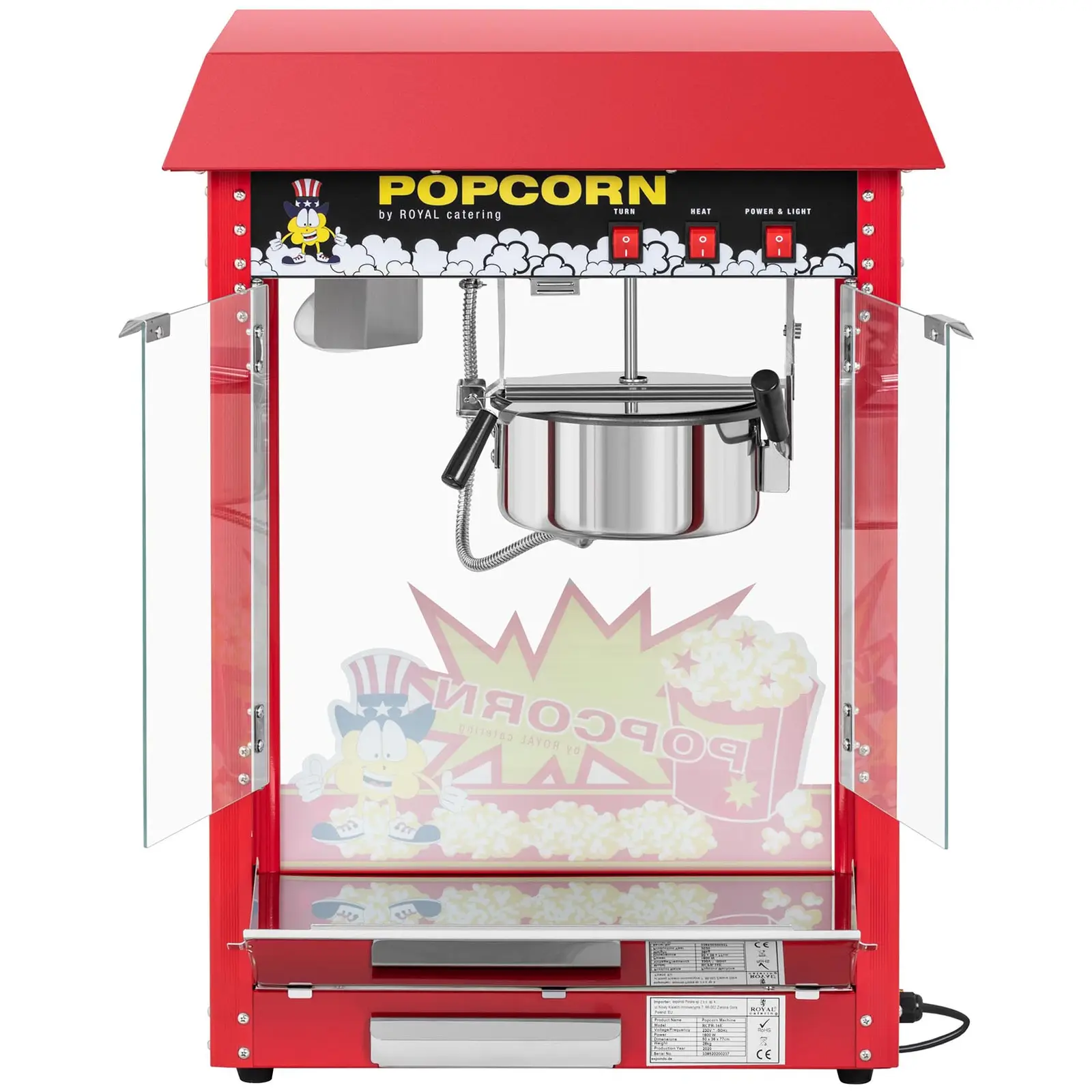 Kleine Popcornmaschine - 1600W Leistung, Edelstahl, gehärtetes Glas und Teflonmaterial 