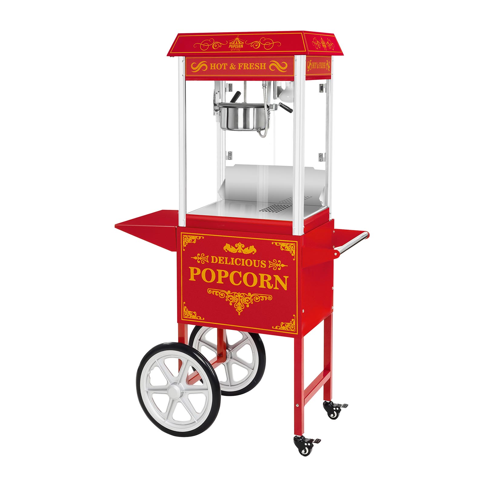 Popcornmaschine mit Wagen und LED-Beleuchtung - Retro-Design - rot